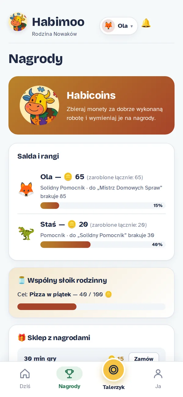 Nagrody i Habicoiny w aplikacji Habimoo